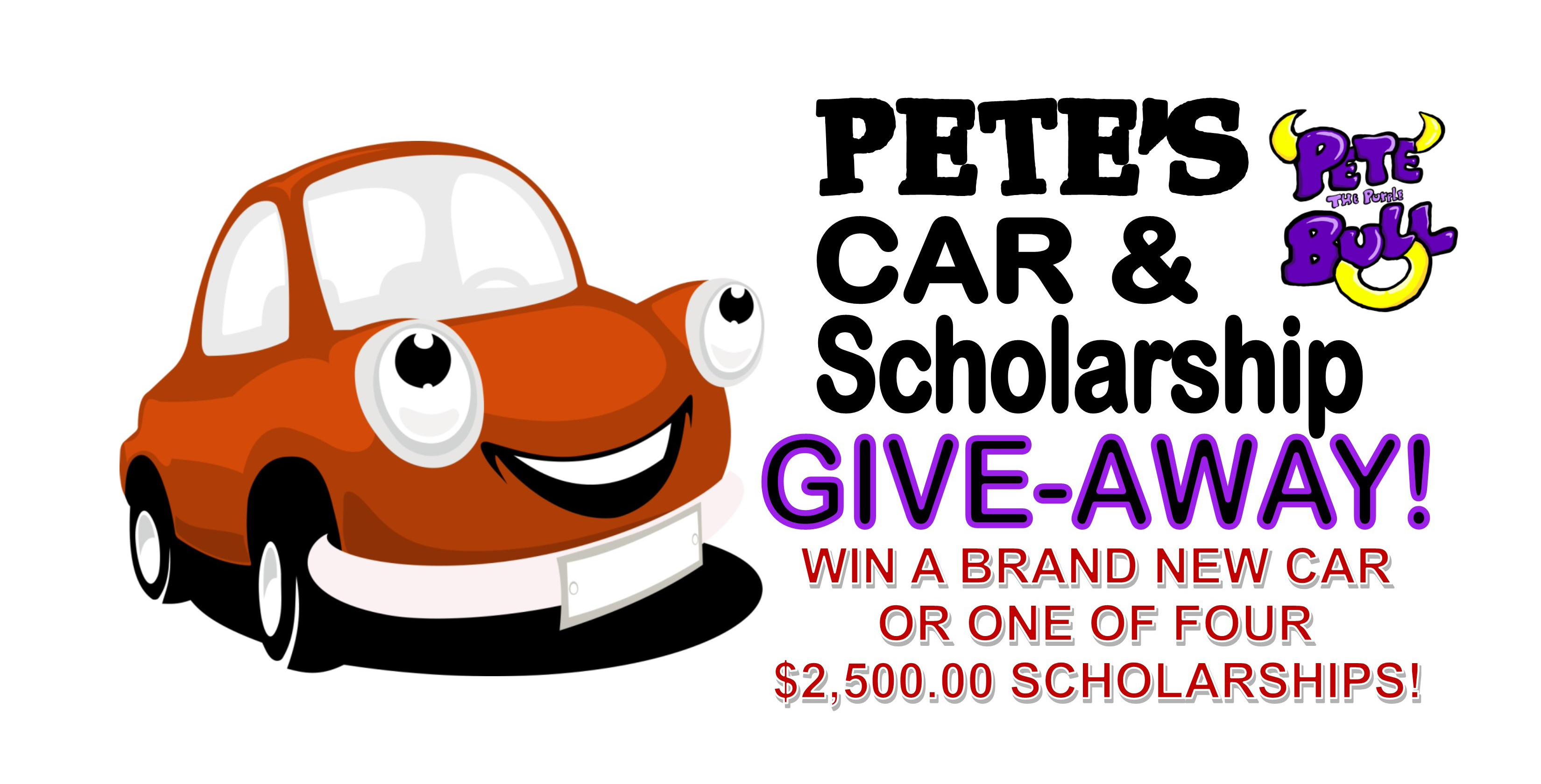 Photo of a stock image car with the words 'Pete's Car and Scholarship Give-Away! Win a brand new car or one of four $2,500.00 scholarships!'