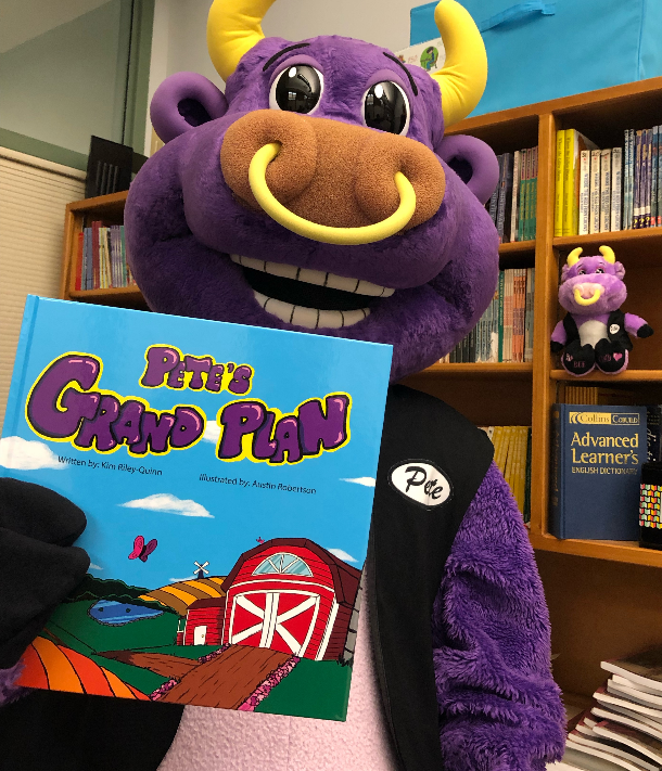 Pete the Bull with his book, Pete's Grand Plan