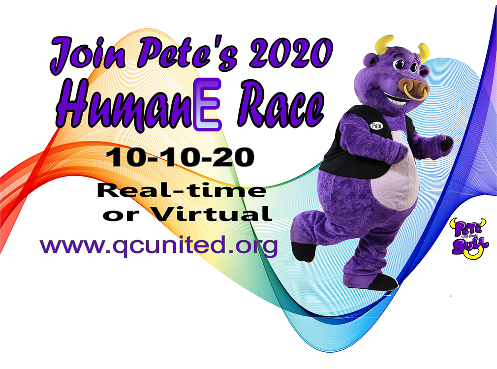 Photo showing Pete the Purple Bull in front of a graphic for the 2020 Humane Race